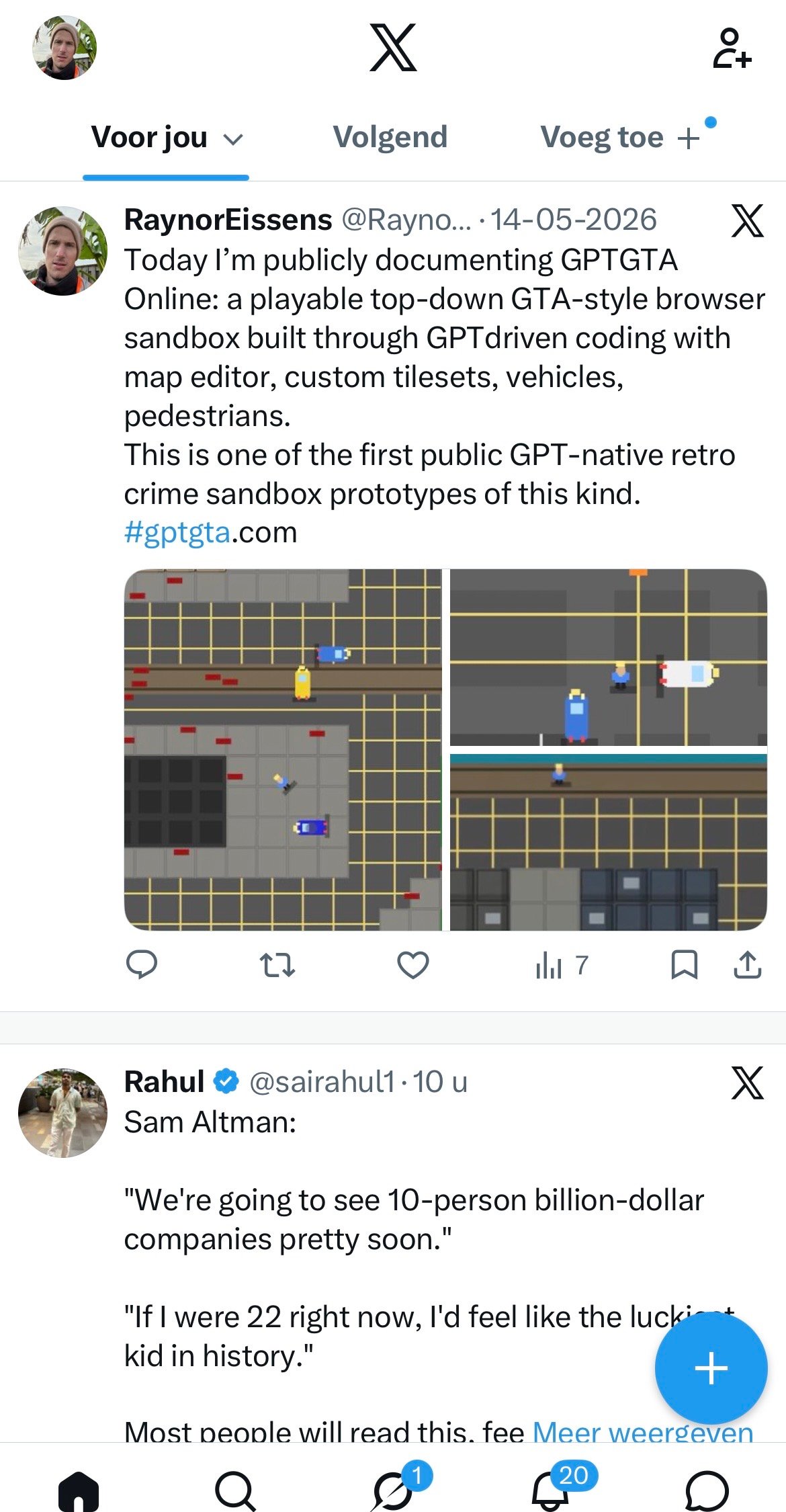 Screenshot of Raynor Eissens' first public GPTGTA X post from 14 May 2026